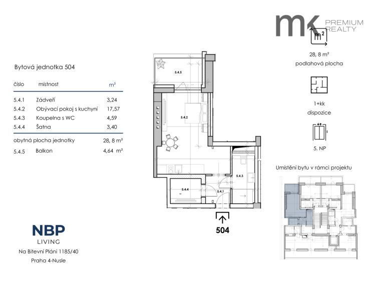 Аренда квартиры 1+KK Praha, Na bitevní pláni 1185/40 č. 5