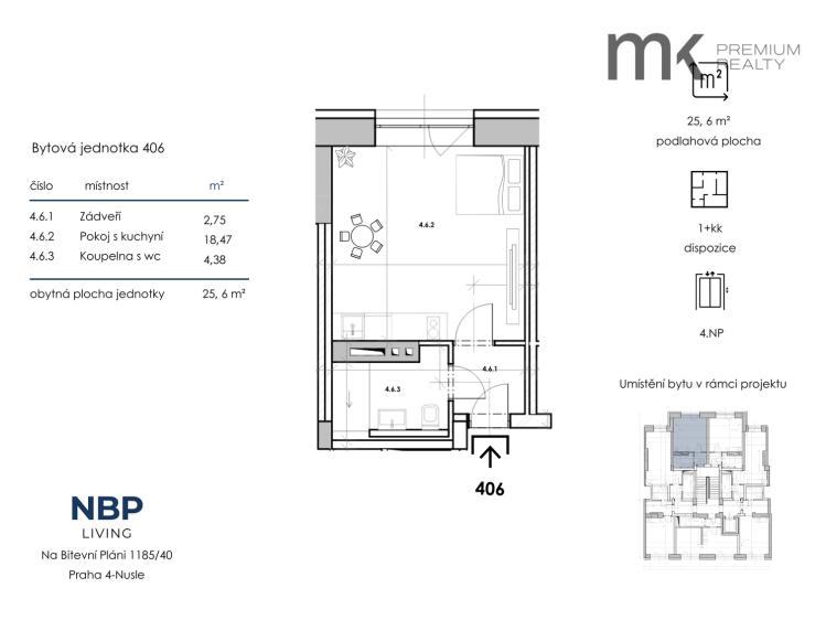 Rent apartment 1+KK Praha, Na bitevní pláni 1185/40 č. 6