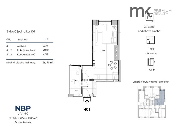 Аренда квартиры 1+KK Praha, Na bitevní pláni 1185/40 č. 13