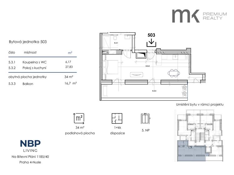 Rent apartment 1+KK Praha, Na bitevní pláni 1185/40 č. 9