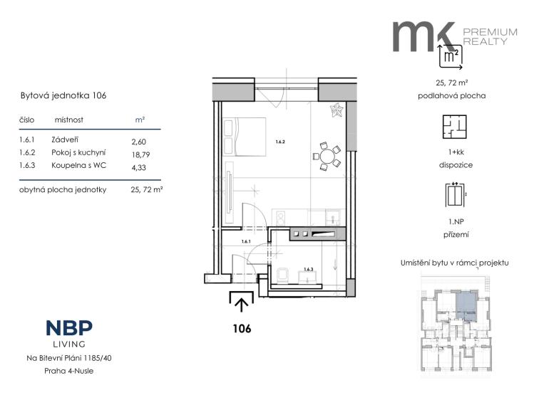 Pronájem bytu 1+KK Praha, Na bitevní pláni 1185/40 č. 6