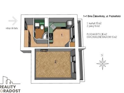 Pronájem bytu 1+1 Brno, Poznaňská č. 4