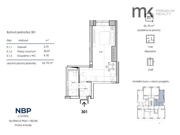 Оренда квартири 1+KK Praha, Na bitevní pláni 1185/40 č. 4