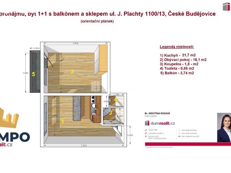 Pronájem bytu 1+1 České Budějovice, J. Plachty č. 2